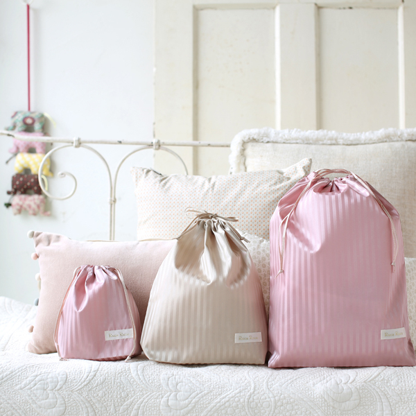 ルカルカ　マルチ巾着袋3枚（S、M、L）セット（ストライプ）ピンク