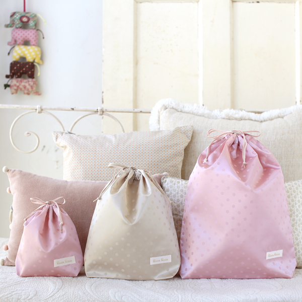 ルカルカ　マルチ巾着袋3枚（S、M、L）セット（ドット）ピンク